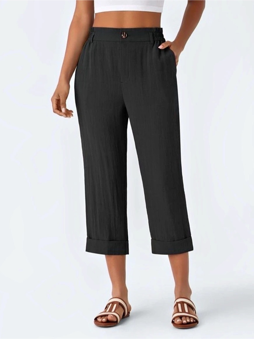 High Waisted Zipper Pocket Cropped Linen-Feel Pants medium regular